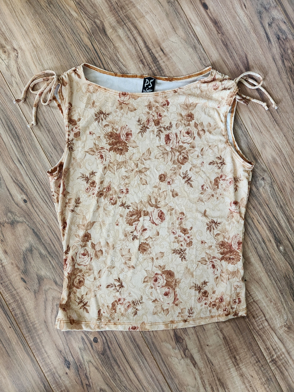 90s Y2k PS Tie-Shoulder Floral Cream and Gold Tank Top Size Medium